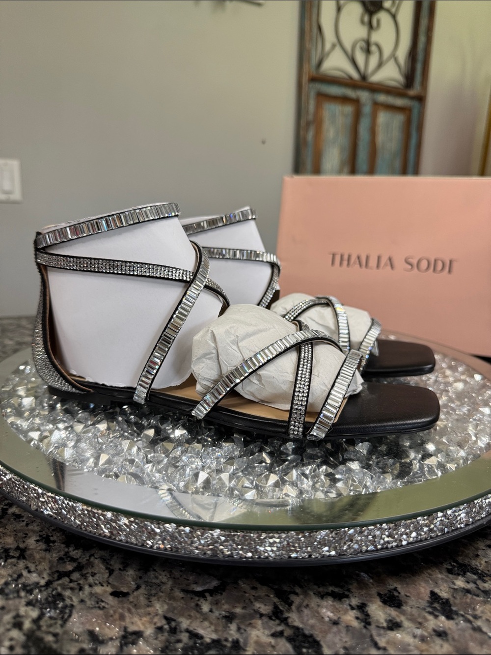 Thalia Sodi Black Sandals with Silver Crystal Straps NEW 7